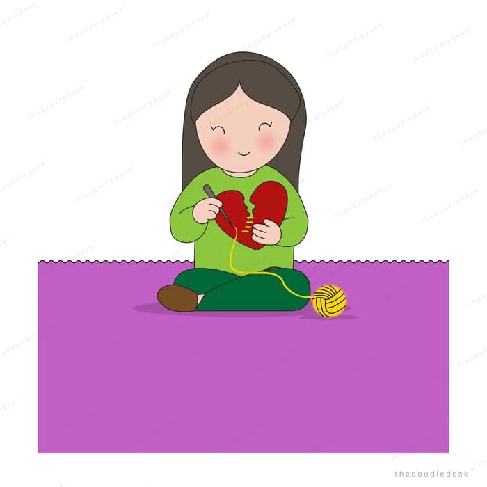 Woman sitting and knitting a red heart with a ball of yarn on a purple panel