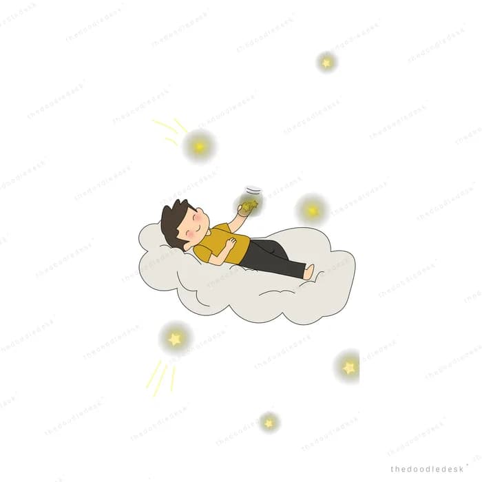 Boy lying asleep on a white cloud surrounded by floating glowing orbs