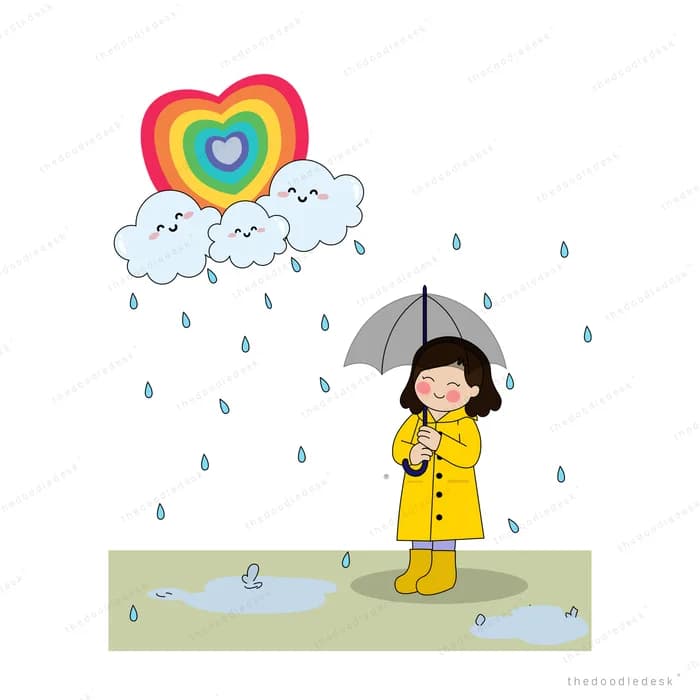 Girl in a yellow raincoat holding an umbrella in puddles under a rainbow heart cloud