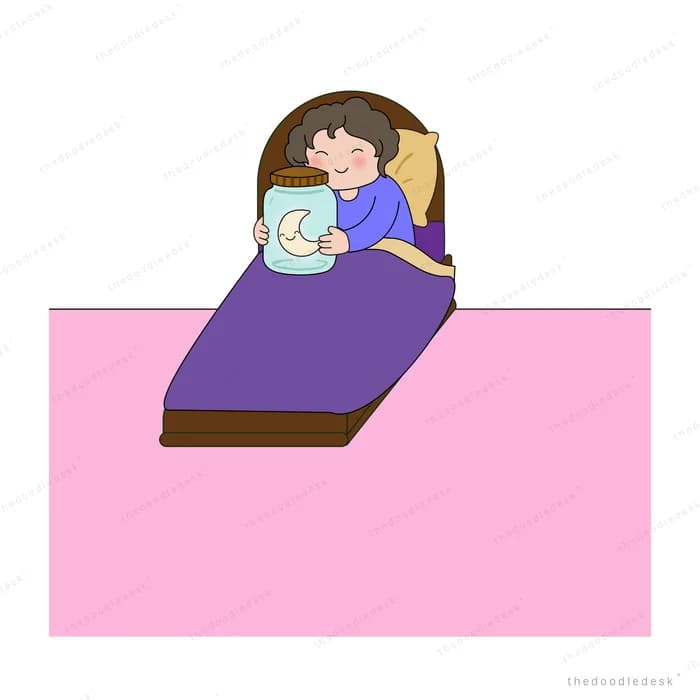 Girl propped up in bed under a purple duvet holding a tablet on a pink panel
