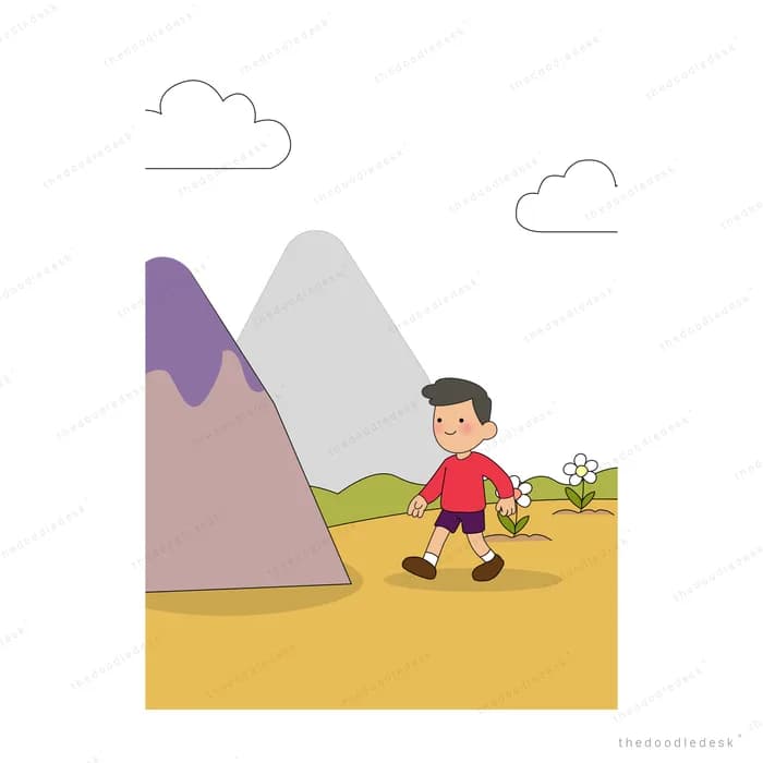 Boy walking across a sandy field with mountains and clouds behind