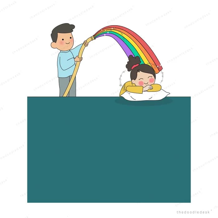 Man pouring a rainbow from a watering can over a sleeping girl on a teal panel