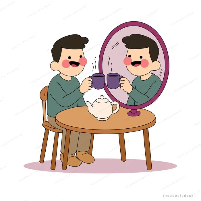 Man at a tea table toasting a mug with his own reflection in an oval mirror