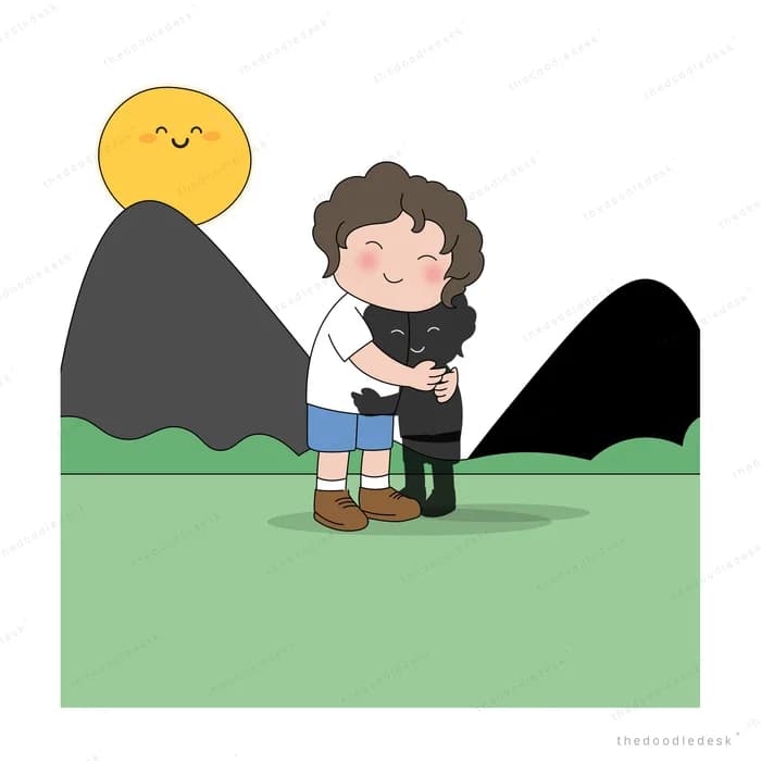 Two people hugging on a green field between dark hills under a smiling sun