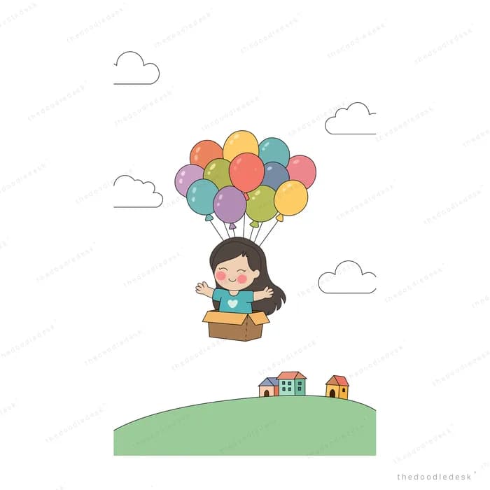Girl riding a basket lifted by a bunch of colourful balloons over a tiny village