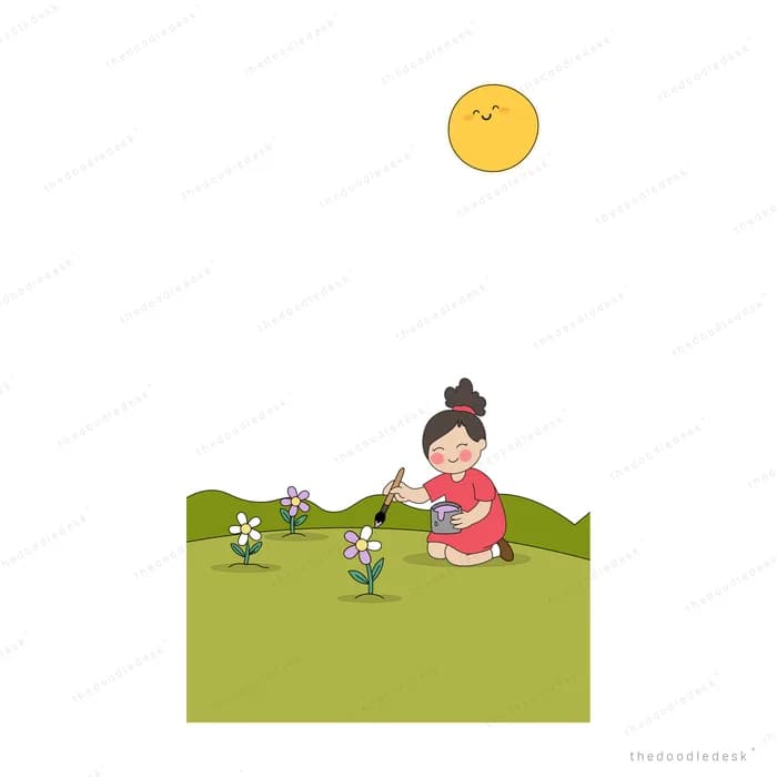 Girl kneeling to pick flowers on a green field under a small sun