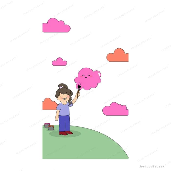 Girl holding a smiling pink cloud on a stick while walking a green hill among coloured clouds