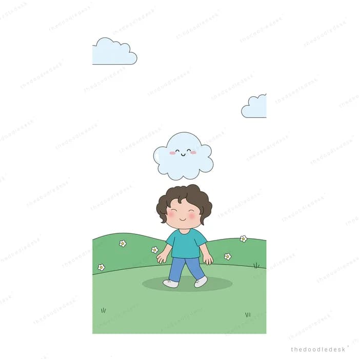 Boy standing on a green hill under a small crying rain cloud