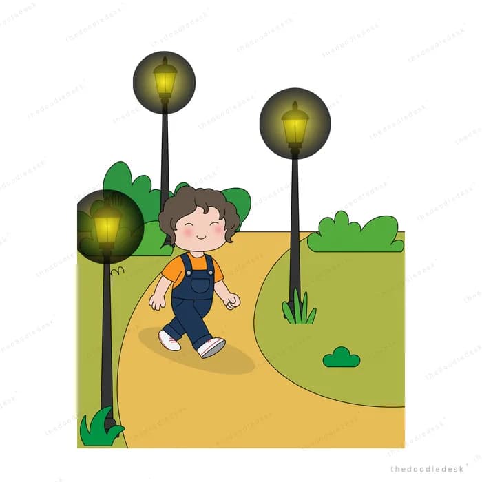 Boy with a backpack walking down a path between two tall streetlamps