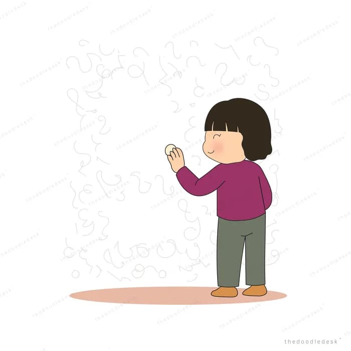 Girl seen from behind writing with chalk on a faint white wall
