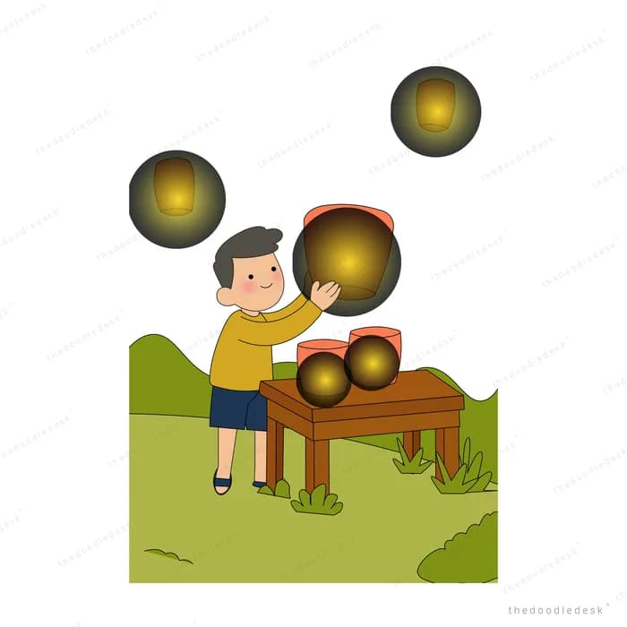 Boy releasing glowing sky lanterns from a wooden table on a green hillside