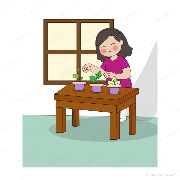 Woman potting small plants at a wooden table beside a window