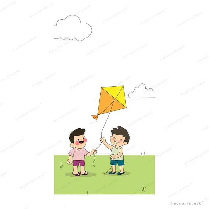 Two boys flying a yellow kite together on a green field
