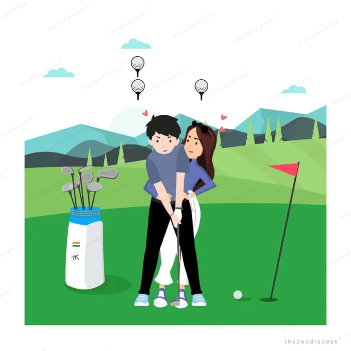 Man guiding a woman's golf swing on a green course with a flag and club bag