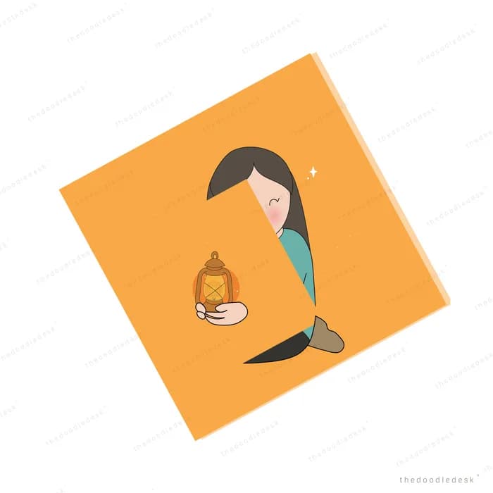 Woman sitting on the ground holding a glowing lantern that lights the darkness around her