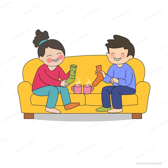 Woman and man sitting on a yellow sofa exchanging wrapped gifts