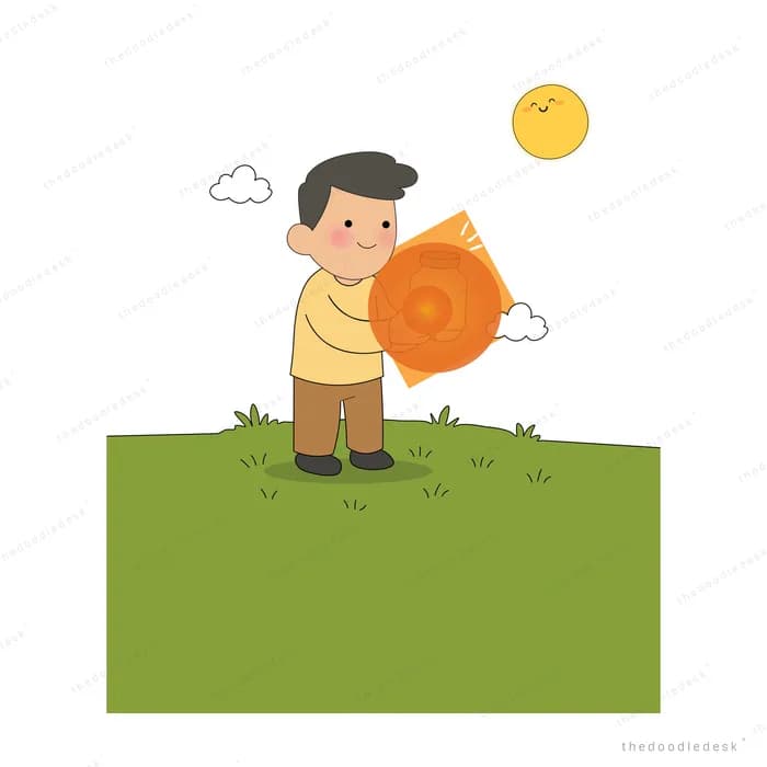 Boy holding a glowing jar on a green hill under the sun