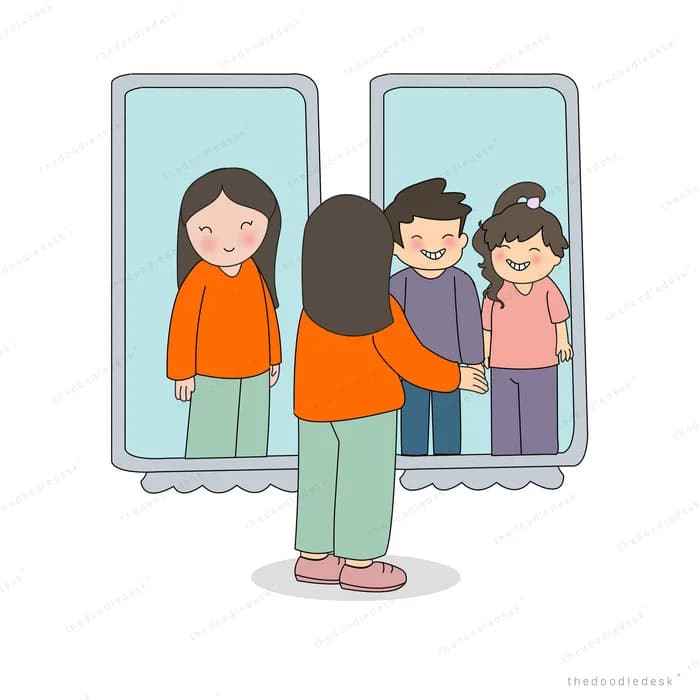 Woman standing before a mirror that reflects a whole family together
