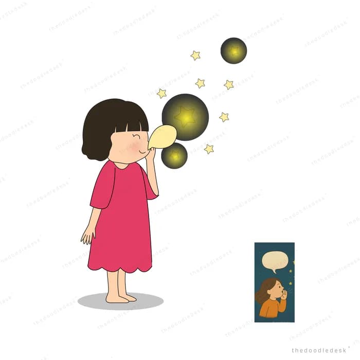 Girl in a pink dress blowing glowing bubbles beside a small dark night-scene card