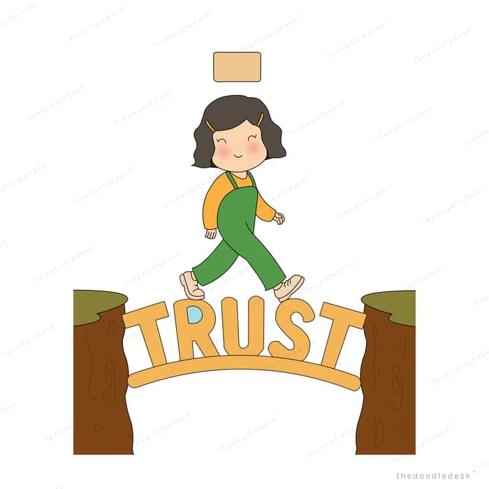 Girl walking across a wooden bridge lettered trust