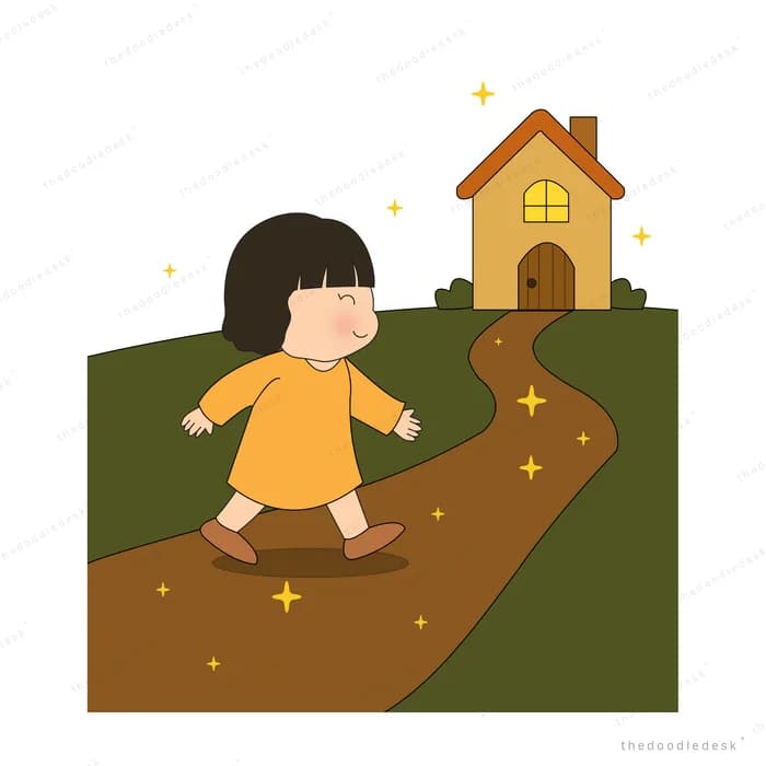 Girl walking up a winding path toward a small lit house on a hill