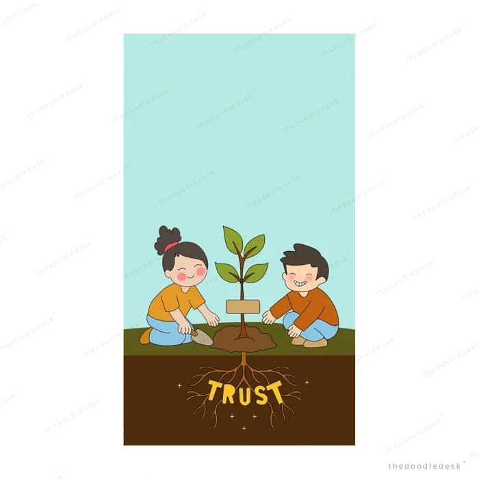 Two children planting a seedling in soil lettered trust