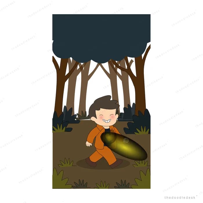 Boy holding a glowing light while walking through a dark forest