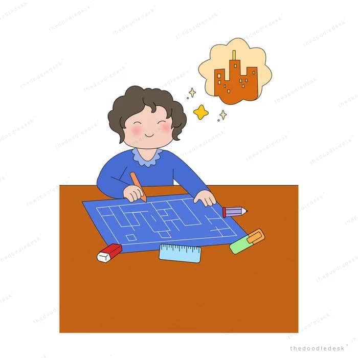 Boy drawing a blueprint at a desk with a building in his thought bubble