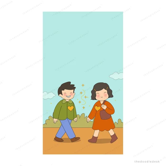 Boy and girl walking together framed in a tall doorway