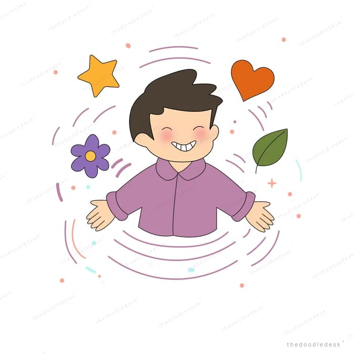 Boy with arms open surrounded by a star, heart, flower and leaf