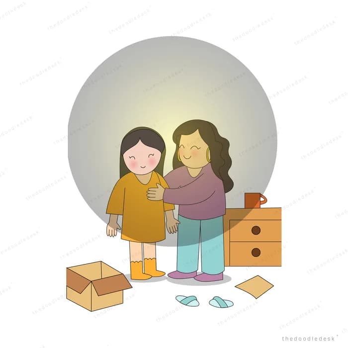 Two women hugging among moving boxes in a glowing circle of light