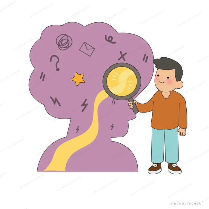 Man holding a magnifying glass to a purple silhouette head filled with symbols
