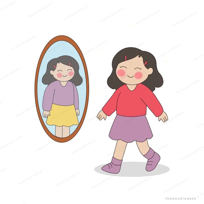 Girl walking past a standing mirror showing her smiling reflection
