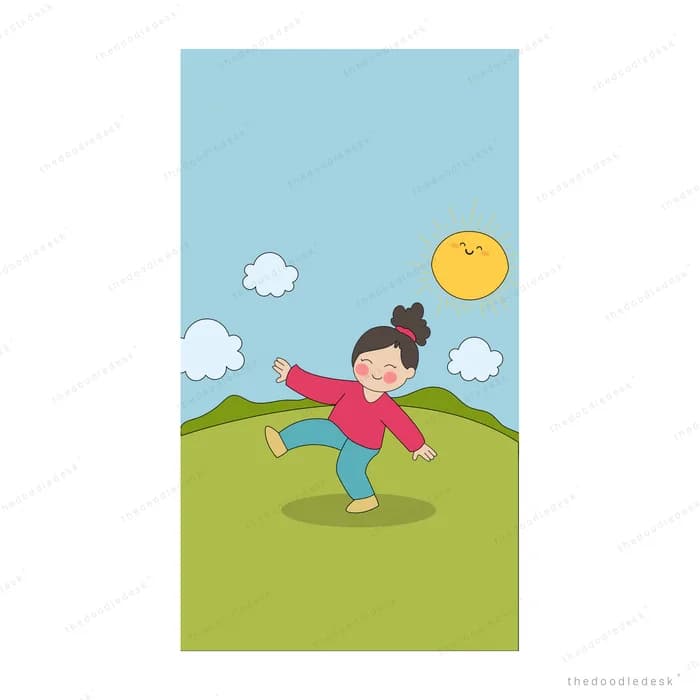 Girl running joyfully across a green hill under the sun