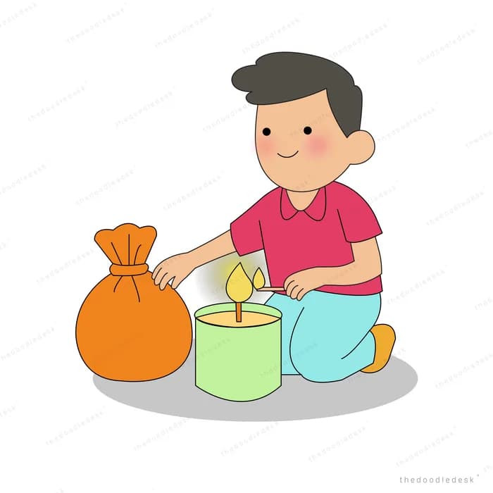 Man kneeling to set a glowing lantern beside a full sack