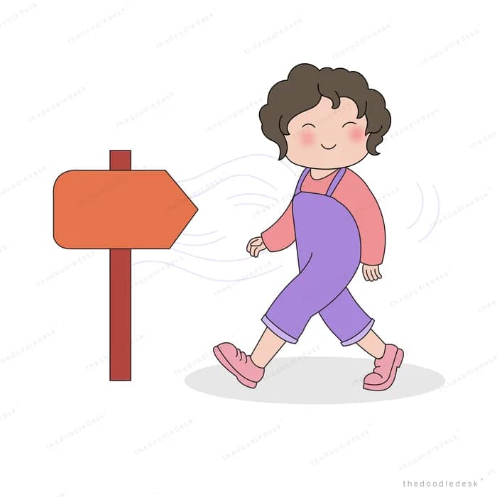 Woman walking past a red arrow signpost