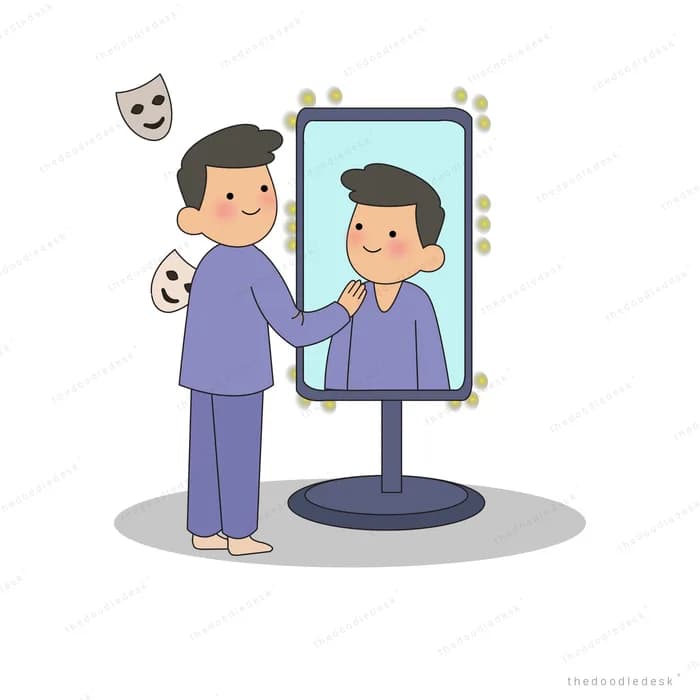 Man holding a mask in front of a lit vanity mirror showing his true face