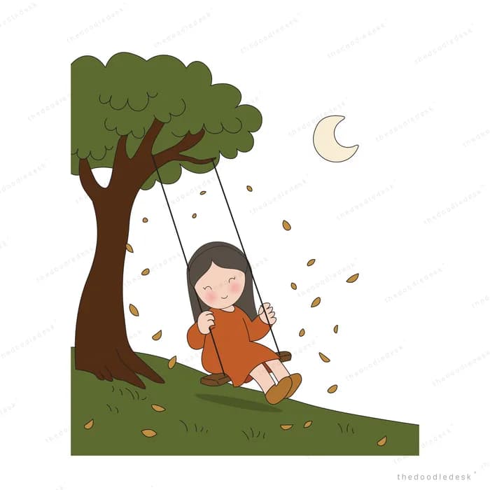 Girl sitting on a rope swing under a tree with falling leaves and a crescent moon