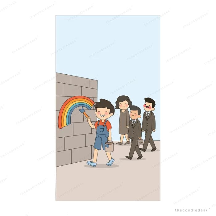 Child painting a rainbow on a grey wall while adults walk past