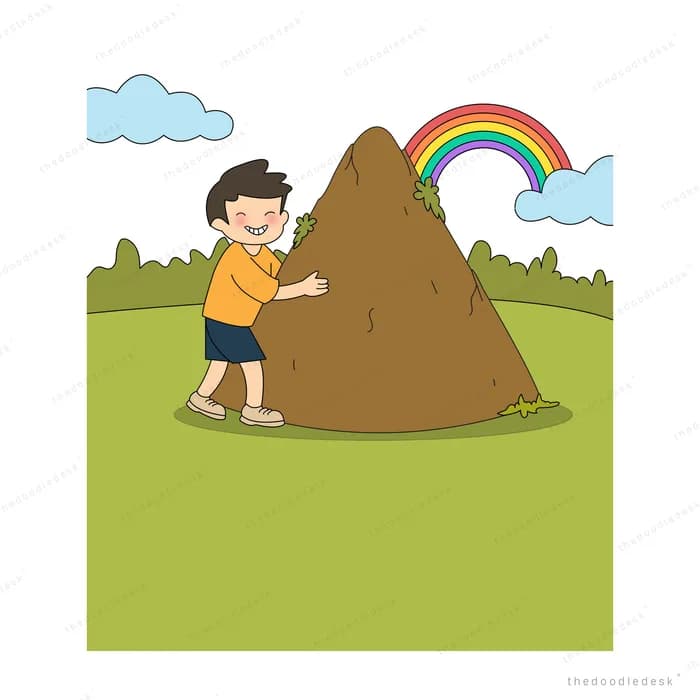 Boy pushing against a large brown mound with a rainbow behind it
