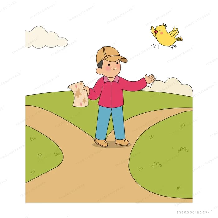 Boy in a cap holding a map at a fork in the path with a bird overhead