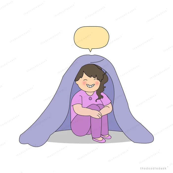 Girl sitting hugging her knees wrapped in a purple blanket with an empty speech bubble