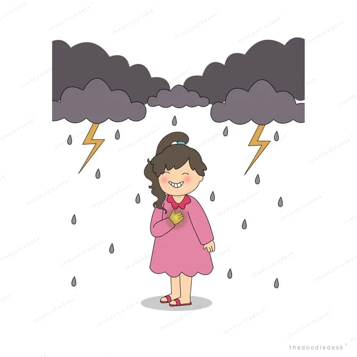 Girl standing calmly under dark storm clouds with lightning and rain