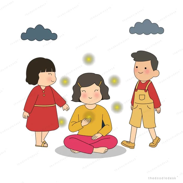 Girl sitting cross-legged holding glowing orbs while two children stand around her