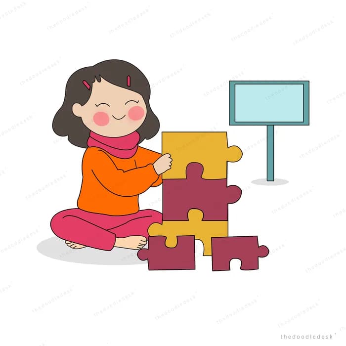 Woman sitting on the floor stacking oversized puzzle pieces beside a blank signboard