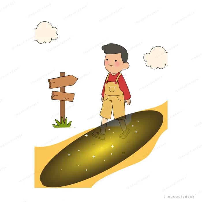 Boy standing at the edge of a glowing chasm beside a wooden signpost