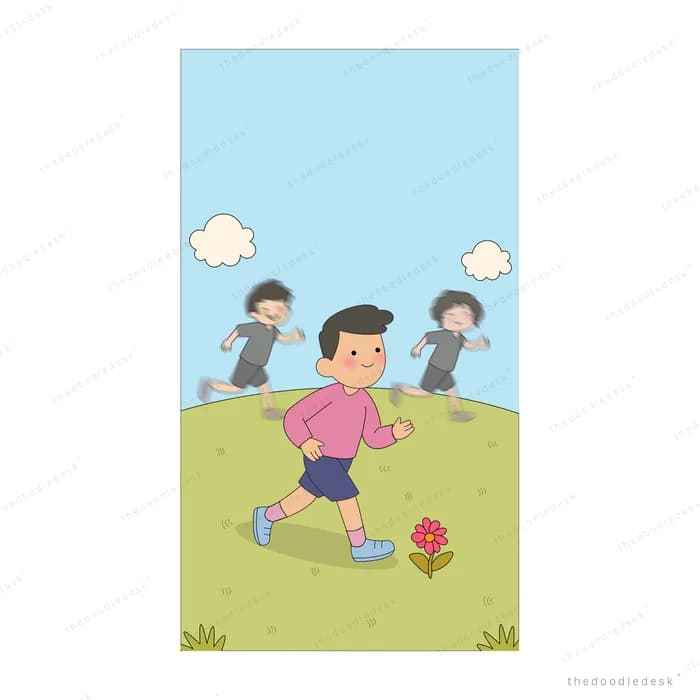 Boy running across a green field with faint shadowy figures behind him