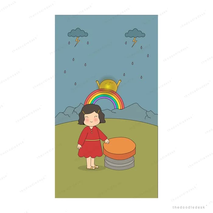Girl sitting with a rainbow and a glowing orb under a rainy sky