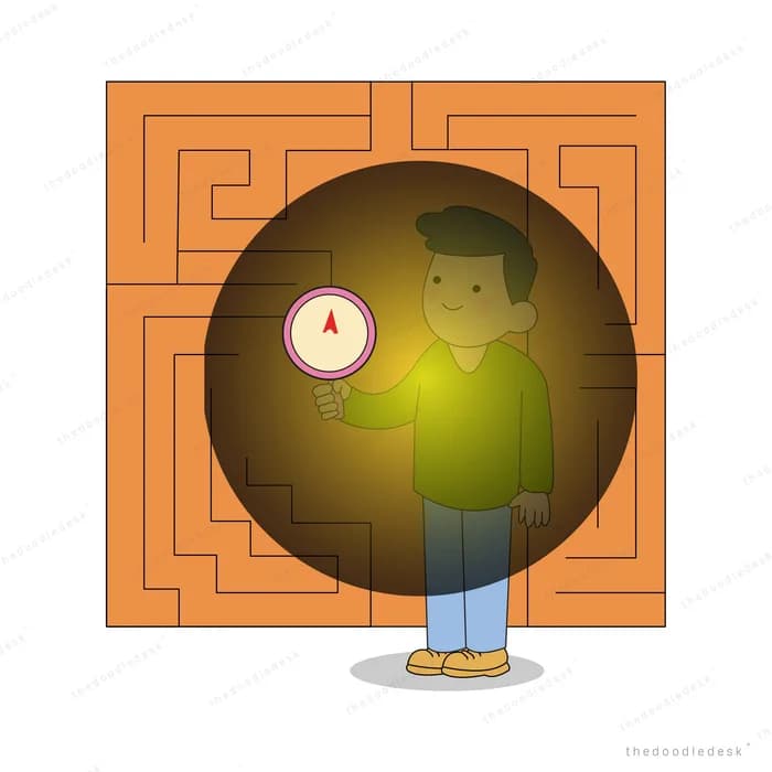 Man holding a compass standing in a glowing opening inside an orange maze