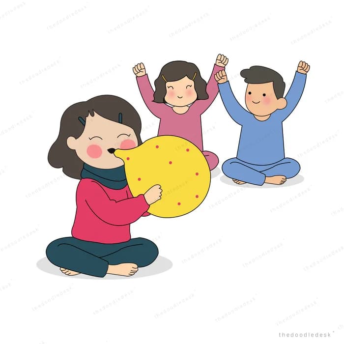 Woman holding a big yellow moon while two children cheer with raised arms
